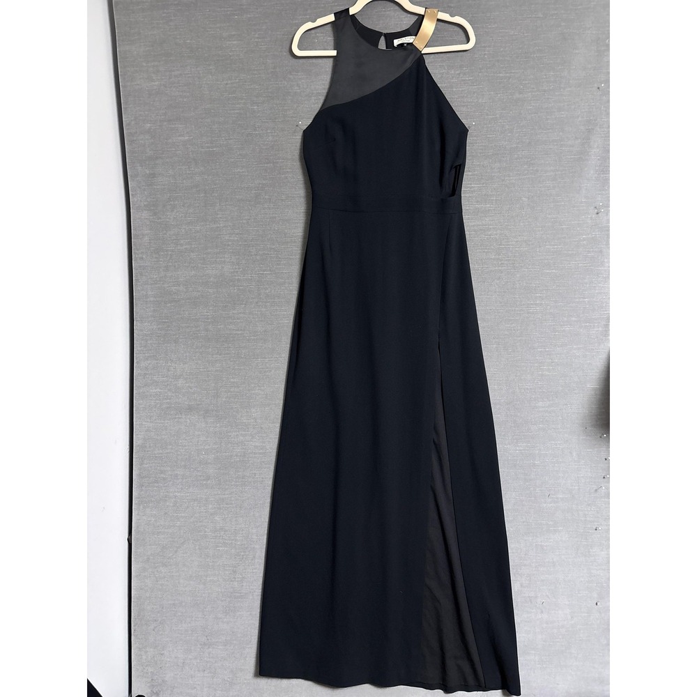 Halston Dress 10 Black Halter Metal Slit Gown Formal Maxi Evening Designer LBD